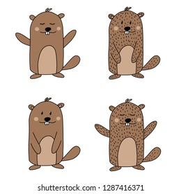 Vector Happy Groundhog Day design with set of cute marmots. Lettering text for greeting card. Vector colorful cartoon illustration. EPS10