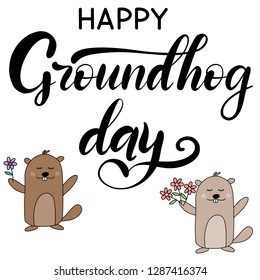 Vector Happy Groundhog Day design with set of cute marmots. Lettering text for greeting card. Vector colorful cartoon illustration. EPS10