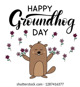 Vector Happy Groundhog Day design with cute marmot with flowers popping up from his burrow. Lettering text for greeting card. Vector colorful cartoon illustration. EPS10