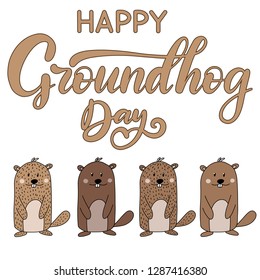 Vector Happy Groundhog Day design with set of cute marmots. Lettering text for greeting card. Vector colorful cartoon illustration. EPS10