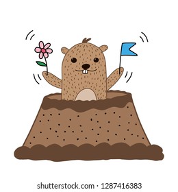 Vector Happy Groundhog Day design with cute marmot with flowers popping up from his burrow. Lettering text for greeting card. Vector colorful cartoon illustration. EPS10
