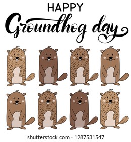 Vector Happy Groundhog Day design with set of cute marmots. Lettering text for greeting card. Vector colorful cartoon illustration. EPS10