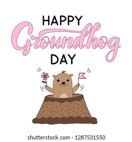 Vector Happy Groundhog Day design with cute marmot with flowers popping up from his burrow. Lettering text for greeting card. Vector colorful cartoon illustration. EPS10