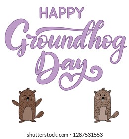 Vector Happy Groundhog Day design with set of cute marmots. Lettering text for greeting card. Vector colorful cartoon illustration. EPS10