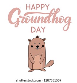 Vector Happy Groundhog Day design with cute marmot. Lettering text for greeting card. Vector colorful cartoon illustration. EPS10