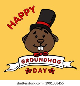 Vector Happy Groundhog Day Greeting Card on Yellow Background