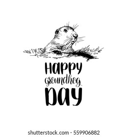 Vector Happy Groundhog Day sketched illustration with hand lettering. February 2 greeting holiday poster or card etc.