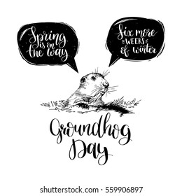 Vector Happy Groundhog Day sketched illustration. Hand lettering quotes: Spring Is On The Way, Six More Weeks Of Winter in speech bubbles. February 2 greeting holiday poster or card etc.