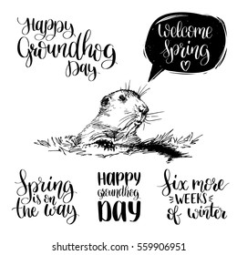 Vector Happy Groundhog Day sketched illustration with hand lettering quotes set. February 2 greeting holiday poster or card etc.