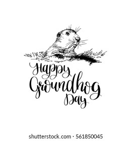 Vector Happy Groundhog Day sketched illustration with hand lettering. February 2 greeting holiday poster or card etc.