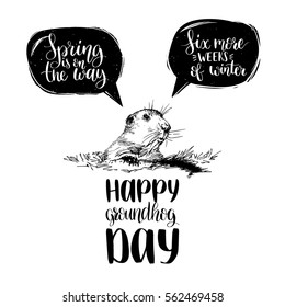 Vector Happy Groundhog Day sketched illustration. Hand lettering quotes: Spring Is On The Way, Six More Weeks Of Winter in speech bubbles. February 2 greeting holiday poster or card etc.