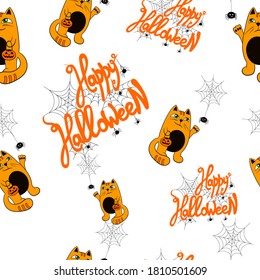 Vector Happy Hallooween Seamless Pattern, Bright Colorful Background Template, Cats, Spider Webs, Festive Cartoon Illustration.