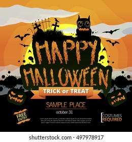 Vector Happy Halloween background illustration party invitation, with creepy monster, bats and cemetery scene
