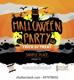 Vector Happy Halloween background illustration party invitation, with creepy monster, bats and cemetery scene