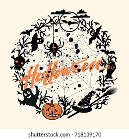 Vector Happy Halloween background with orange pumpkin and hand drawn lettering Halloween, black blood stains, flying bats, skull, ghost, spider etc. Elegant greeting card or party flyer cover. eps 10