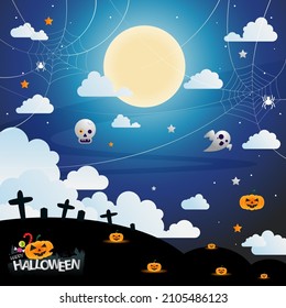 Vector happy halloween banner and background night clouds.