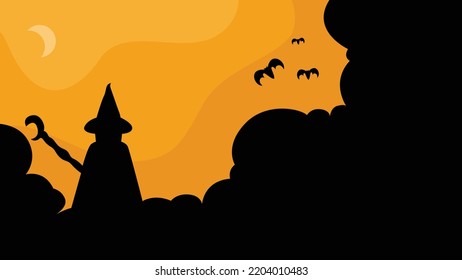 vector happy halloween banner or background with silhouettes of clouds, bats and witches .vector illustration with copy space