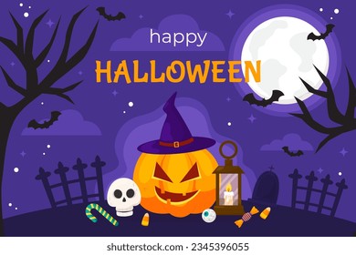 Vektorfröhliche Halloween-Banner-Vorlage. Feiertage, Hintergrund. Cartoon Orangenkürbis, Hexenhut, Fledermäuse, gruseliger Baum, Süßigkeiten, Vollmond. Hintergrund, Flyer, Poster für Veranstaltungen. Platz für Text.