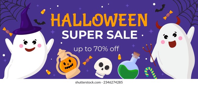 Vector happy Halloween banner template. Holidays background. Cartoon orange pumpkin, witch hat, bats, ghosts, candy, scull on violet,. Backdrop, flyer, poster for event.