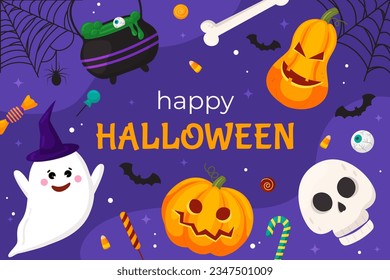 Vector happy Halloween banner template. Holidays background. Cartoon orange pumpkin, witch hat, bats, ghosts, candy, scull on violet. Backdrop, flyer, poster for event