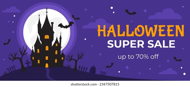 Vector happy Halloween banner template. Holidays sale background. Cartoon scary castle, bats, scary tree, cemetery, full moon in dark night. Backdrop, flyer, poster for event. Place for text.