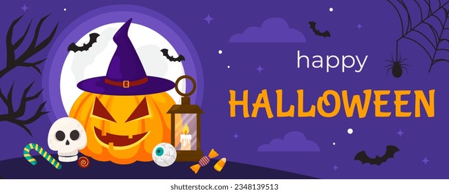 Vector happy Halloween banner template. Holidays background. Cartoon orange pumpkin, witch hat, bats, scary tree, candy, full moon. Backdrop, flyer, poster for event. Place for text.