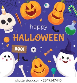Vector happy Halloween banner template. Holidays square background. Cartoon orange pumpkin, witch hat, bats, ghosts, candy, scull on violet. Backdrop, flyer, poster for event.