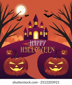 Vector happy Halloween banner template. Holidays background. Cartoon orange pumpkin, witch hat, bats, scary tree, candy, full moon. Backdrop, flyer, poster