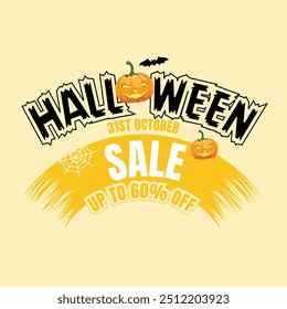 Vector happy Halloween banner template. Holidays background. Cartoon orange pumpkin, witch hat, bats, scary tree, candy, full moon. Backdrop, flyer, poster