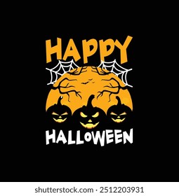 Vector happy Halloween banner template. Holidays background. Cartoon orange pumpkin, witch hat, bats, scary tree, candy, full moon. Backdrop, flyer, poster