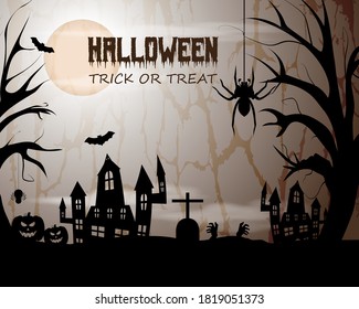 Vector Happy Halloween banner, trick or treat haunted house with scary trees, spiders, pumpkins, flying bats, grave and zombie hands in front of full moon, spooky party poster invitation