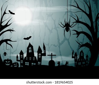 Vector Happy Halloween banner, trick or treat haunted house with scary trees, spiders, pumpkins, flying bats, grave and zombie hands in front of full moon, spooky party poster invitation