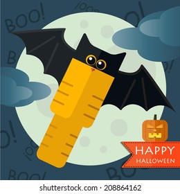 Vector happy halloween bat-cat front moon with pumpkin. Eps 10