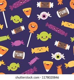 Vector Happy Halloween Candies Seamless Pattern. Surface Pattern Design perfect for fabric, scrapbooking, Halloween, kids, and home decor projects.