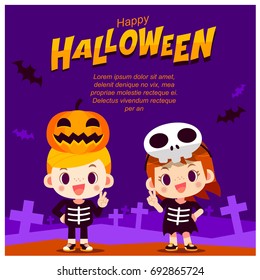 Vector Happy Halloween Card with Cute Kid Characters wearing Costume.