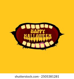 Vector Happy halloween cartoon greeting card with funny zombie monster open mouth with rotten teeth isolated on orange background. Vector Halloween poster and flyer with funny orange monster mouth.