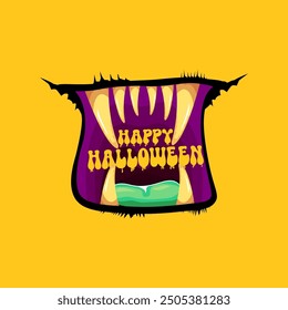 Vector Happy halloween cartoon greeting card with funny zombie monster open mouth with rotten teeth isolated on orange background. Vector Halloween poster and flyer with funny orange monster mouth.