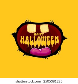 Vector Happy halloween cartoon greeting card with funny zombie monster open mouth with rotten teeth isolated on orange background. Vector Halloween poster and flyer with funny orange monster mouth.