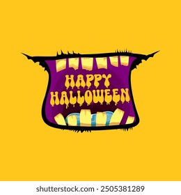 Vector Happy halloween cartoon greeting card with funny zombie monster open mouth with rotten teeth isolated on orange background. Vector Halloween poster and flyer with funny orange monster mouth.