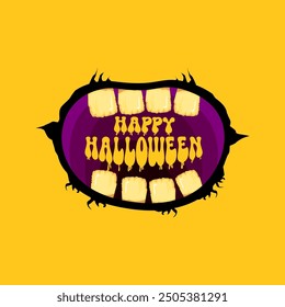 Vector Happy halloween cartoon greeting card with funny zombie monster open mouth with rotten teeth isolated on orange background. Vector Halloween poster and flyer with funny orange monster mouth.