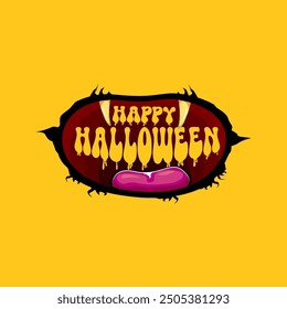 Vector Happy halloween cartoon greeting card with funny zombie monster open mouth with rotten teeth isolated on orange background. Vector Halloween poster and flyer with funny orange monster mouth.