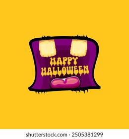 Vector Happy halloween cartoon greeting card with funny zombie monster open mouth with rotten teeth isolated on orange background. Vector Halloween poster and flyer with funny orange monster mouth.