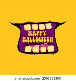 Vector Happy halloween cartoon greeting card with funny zombie monster open mouth with rotten teeth isolated on orange background. Vector Halloween poster and flyer with funny orange monster mouth.