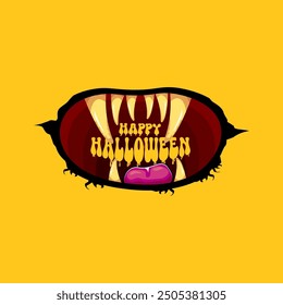 Vector Happy halloween cartoon greeting card with funny zombie monster open mouth with rotten teeth isolated on orange background. Vector Halloween poster and flyer with funny orange monster mouth.