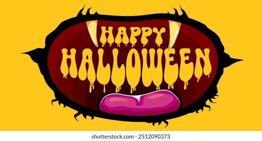 Vector Happy halloween cartoon greeting card with funny zombie monster open mouth with rotten teeth isolated on orange background. Vector Halloween poster and flyer with funny orange monster mouth.