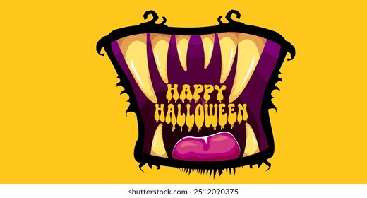 Vector Happy halloween cartoon greeting card with funny zombie monster open mouth with rotten teeth isolated on orange background. Vector Halloween poster and flyer with funny orange monster mouth.