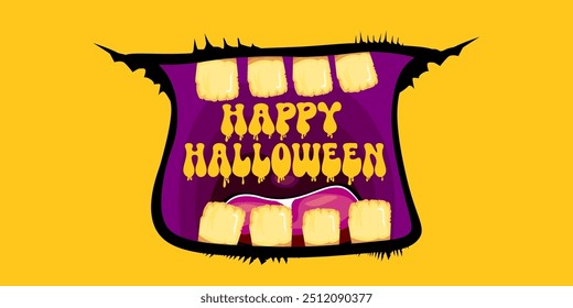 Vector Happy halloween cartoon greeting card with funny zombie monster open mouth with rotten teeth isolated on orange background. Vector Halloween poster and flyer with funny orange monster mouth.