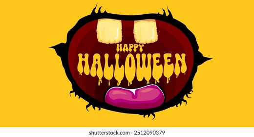 Vector Happy halloween cartoon greeting card with funny zombie monster open mouth with rotten teeth isolated on orange background. Vector Halloween poster and flyer with funny orange monster mouth.