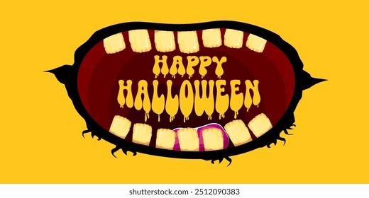 Vector Happy halloween cartoon greeting card with funny zombie monster open mouth with rotten teeth isolated on orange background. Vector Halloween poster and flyer with funny orange monster mouth.