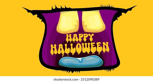 Vector Happy halloween cartoon greeting card with funny zombie monster open mouth with rotten teeth isolated on orange background. Vector Halloween poster and flyer with funny orange monster mouth.